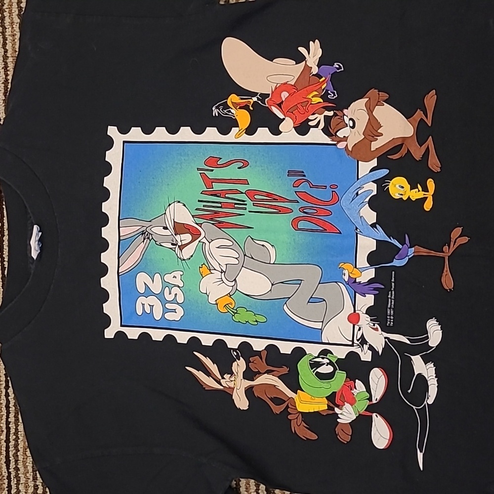 WARNER BROS Characters Bugs Stamp Black Cotton Mens T‎ Shirt L 90s VTG RARE